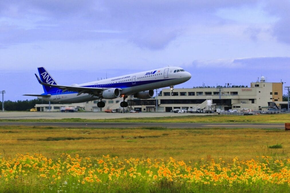 荘内空港を飛び立つANA